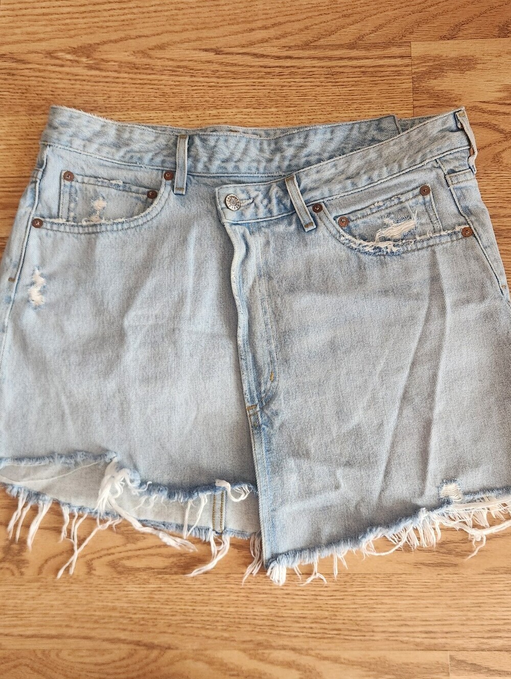 EUC Agolde Light Blue Distressed Criss Cross Mini Denim Skirt, Size 30